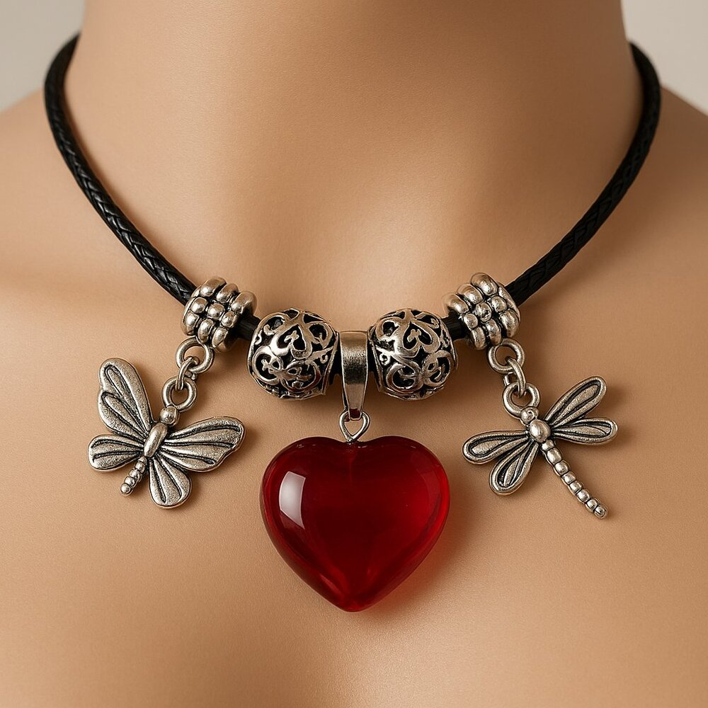 Red Heart Pendant Necklace - Beads & Silver Charm 18" Black Cord Fashion jewelry